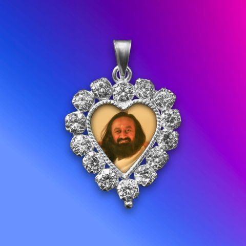 Gurudev Silver Pendant with American Diamonds (Heart Shape)